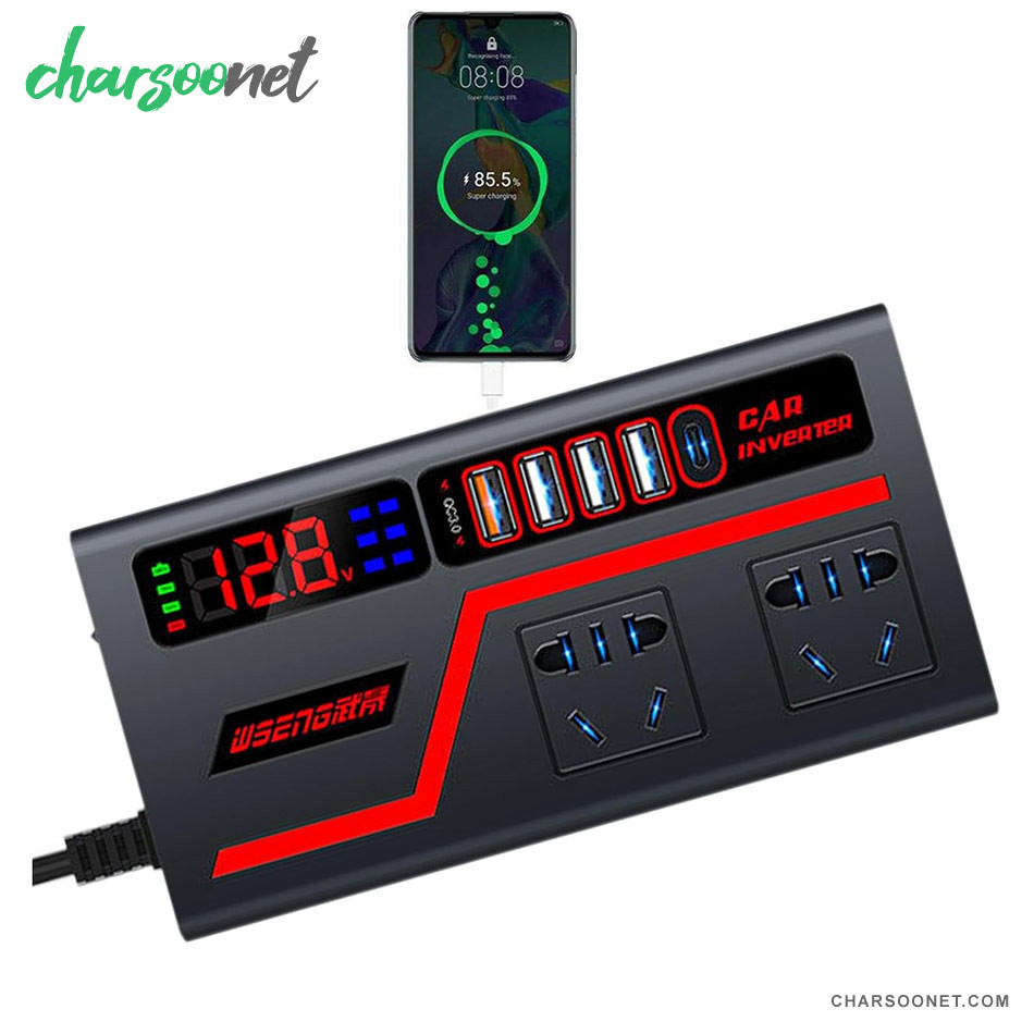 مبدل برق خودرو 200 وات دیجیتالی Car Inverter با نمایشگر و شارژر فست