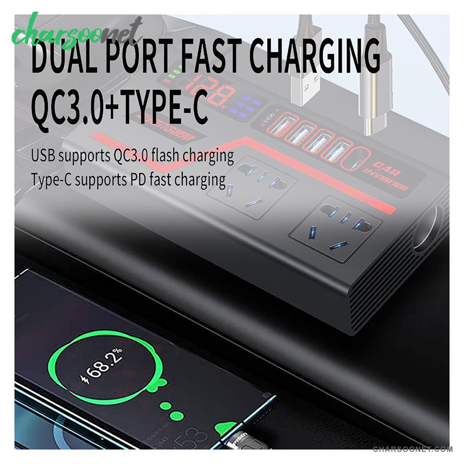 مبدل برق خودرو 200 وات دیجیتالی Car Inverter با نمایشگر و شارژر فست