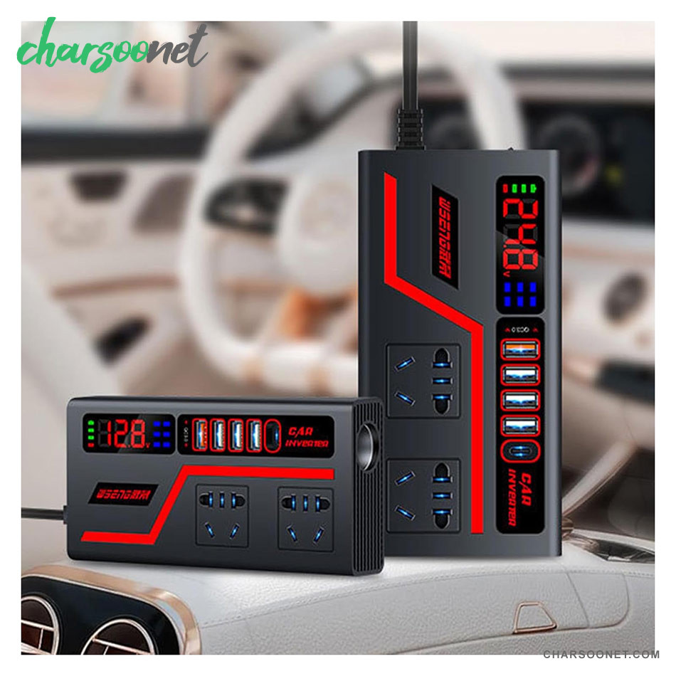 مبدل برق خودرو 200 وات دیجیتالی Car Inverter با نمایشگر و شارژر فست