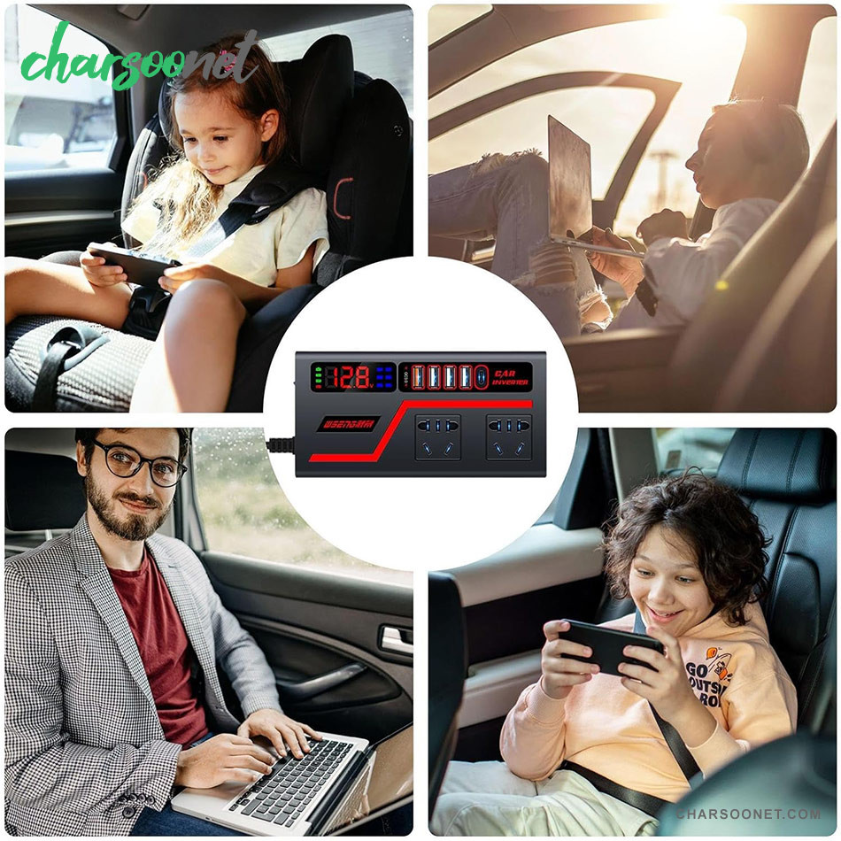 مبدل برق خودرو 200 وات دیجیتالی Car Inverter با نمایشگر و شارژر فست