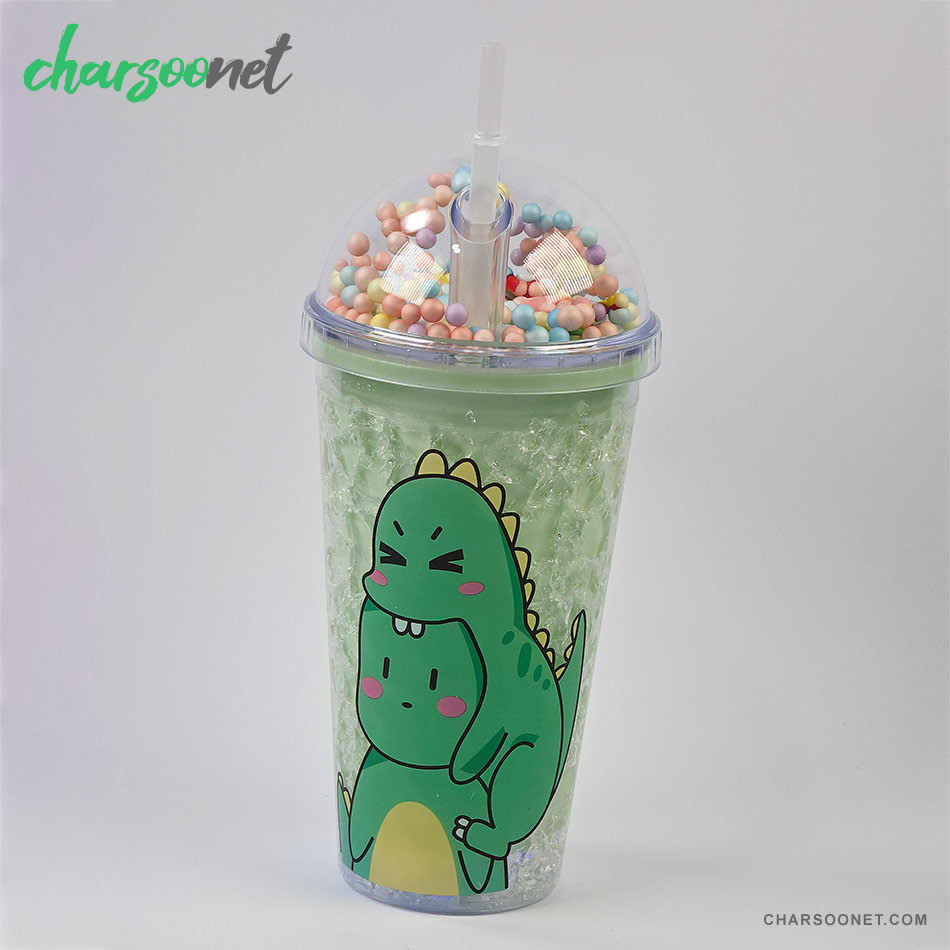 لیوان اسموتی نی دار درب جادویی گنبدی طرح دایناسور چراغ دار