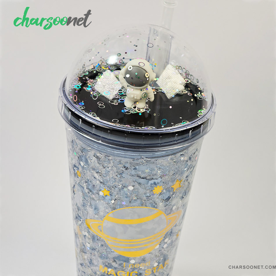 لیوان اسموتی نی دار درب جادویی گنبدی طرح فضانورد چراغ دار