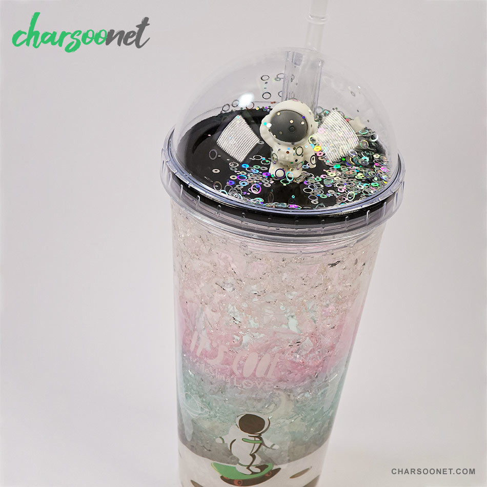 لیوان اسموتی نی دار درب جادویی گنبدی طرح فضانورد چراغ دار