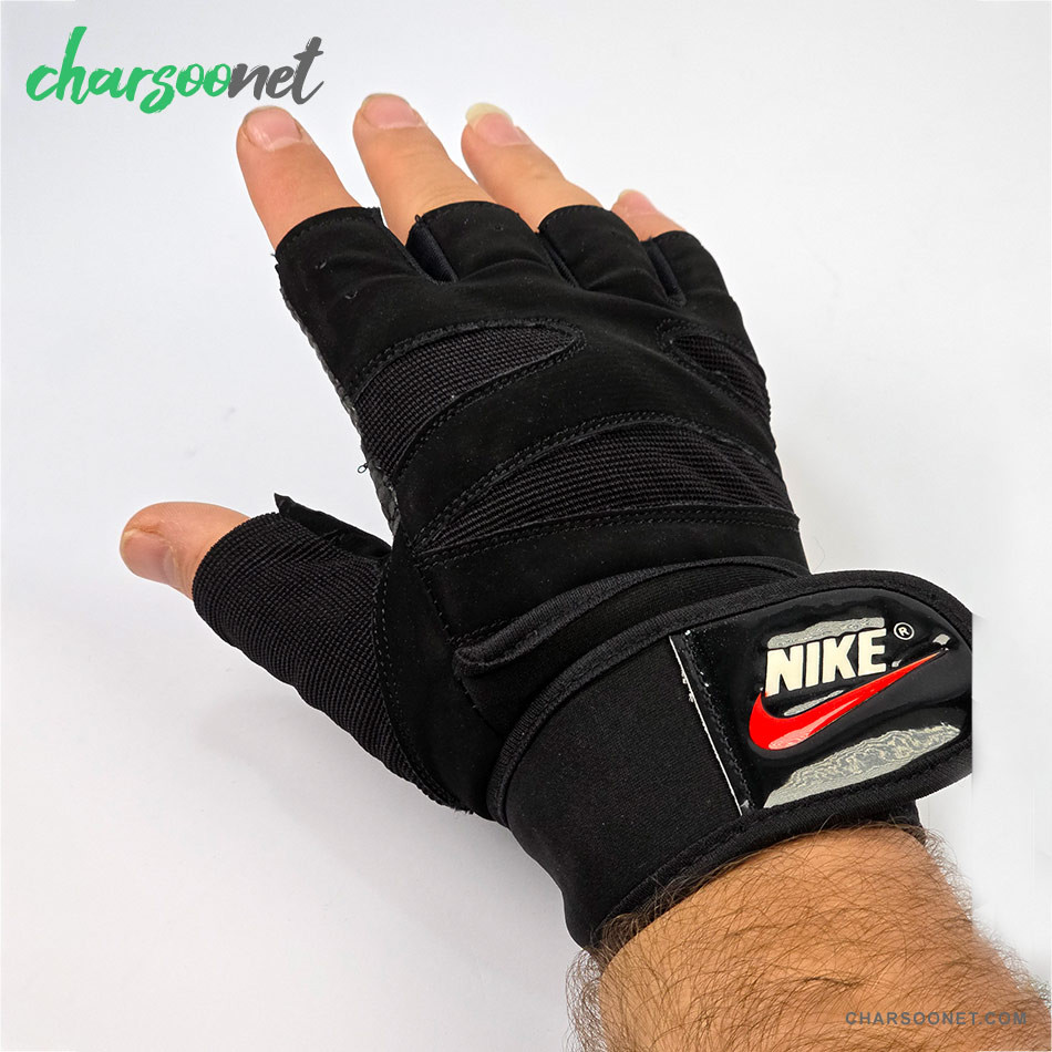 دستکش ورزشی نیم انگشتی مچدار طرح نایکی