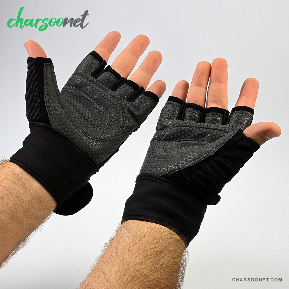 دستکش ورزشی نیم انگشتی مچدار طرح نایکی