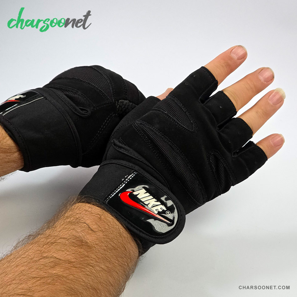 دستکش ورزشی نیم انگشتی مچدار طرح نایکی