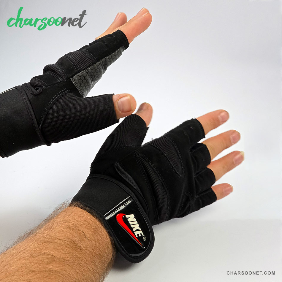 دستکش ورزشی نیم انگشتی مچدار طرح نایکی