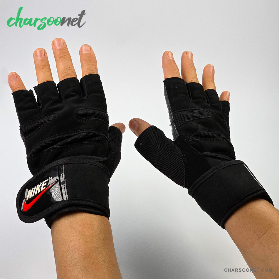 دستکش ورزشی نیم انگشتی مچدار طرح نایکی