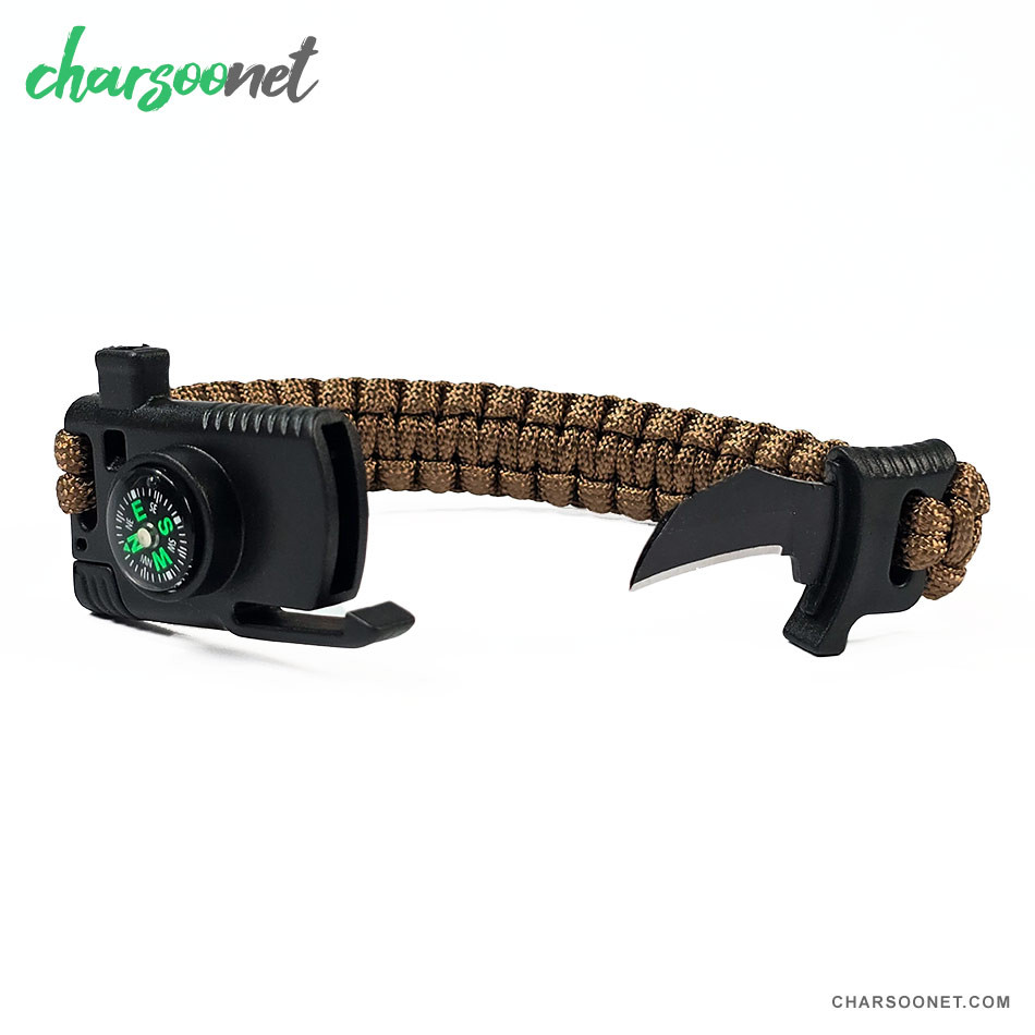 دستبند پاراکورد تاکتیکال همراه قطب نما و چاقوی مخفی و آتش زنه