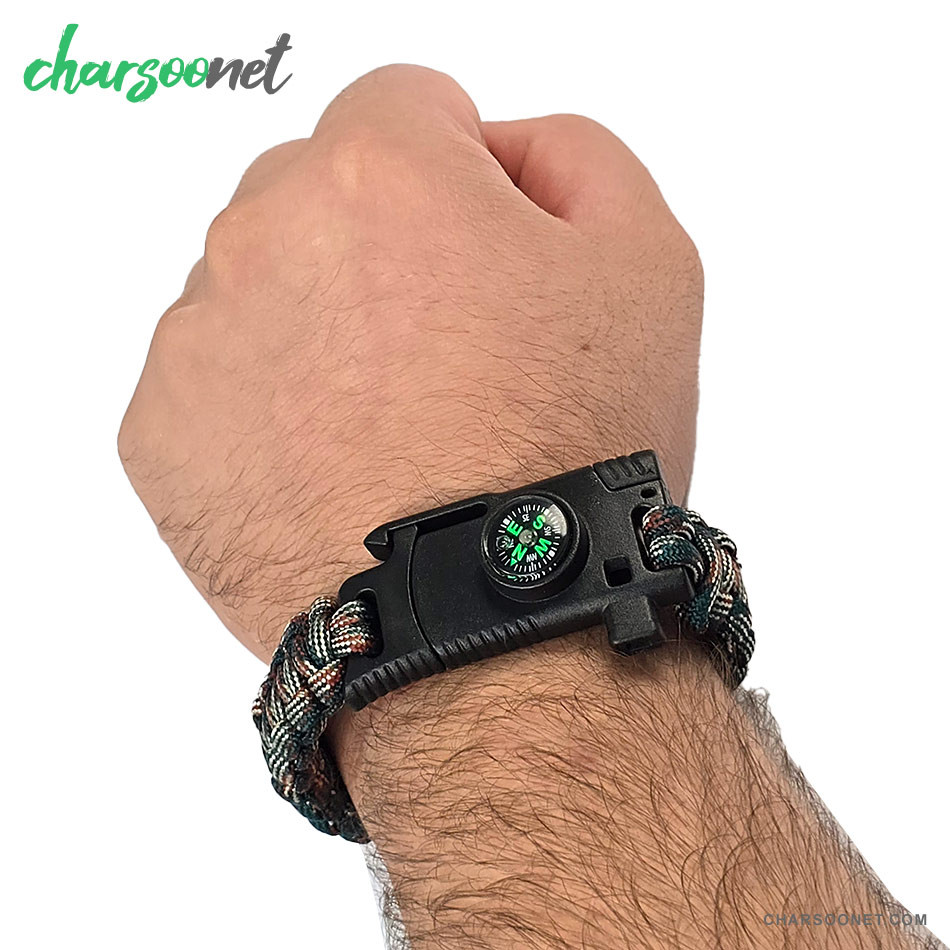 دستبند پاراکورد تاکتیکال همراه قطب نما و چاقوی مخفی و آتش زنه