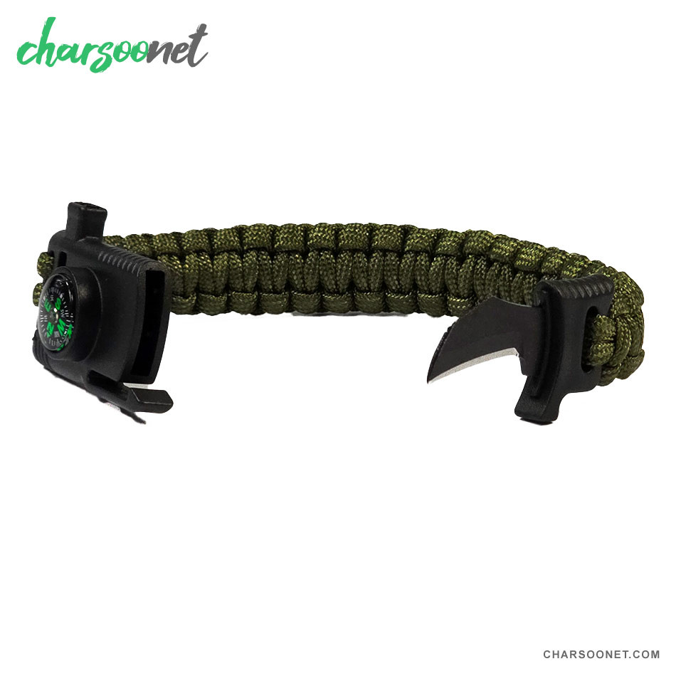 دستبند پاراکورد تاکتیکال همراه قطب نما و چاقوی مخفی و آتش زنه