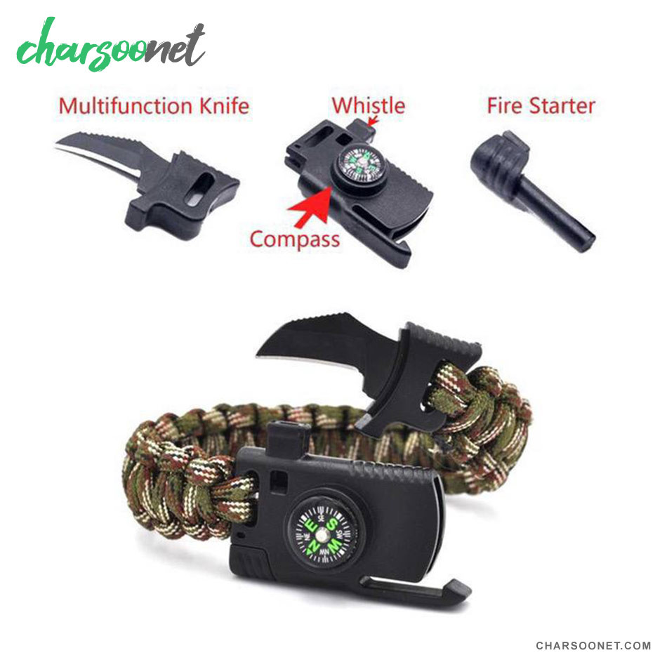 دستبند پاراکورد تاکتیکال همراه قطب نما و چاقوی مخفی و آتش زنه