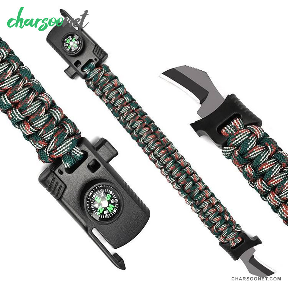 دستبند پاراکورد تاکتیکال همراه قطب نما و چاقوی مخفی و آتش زنه