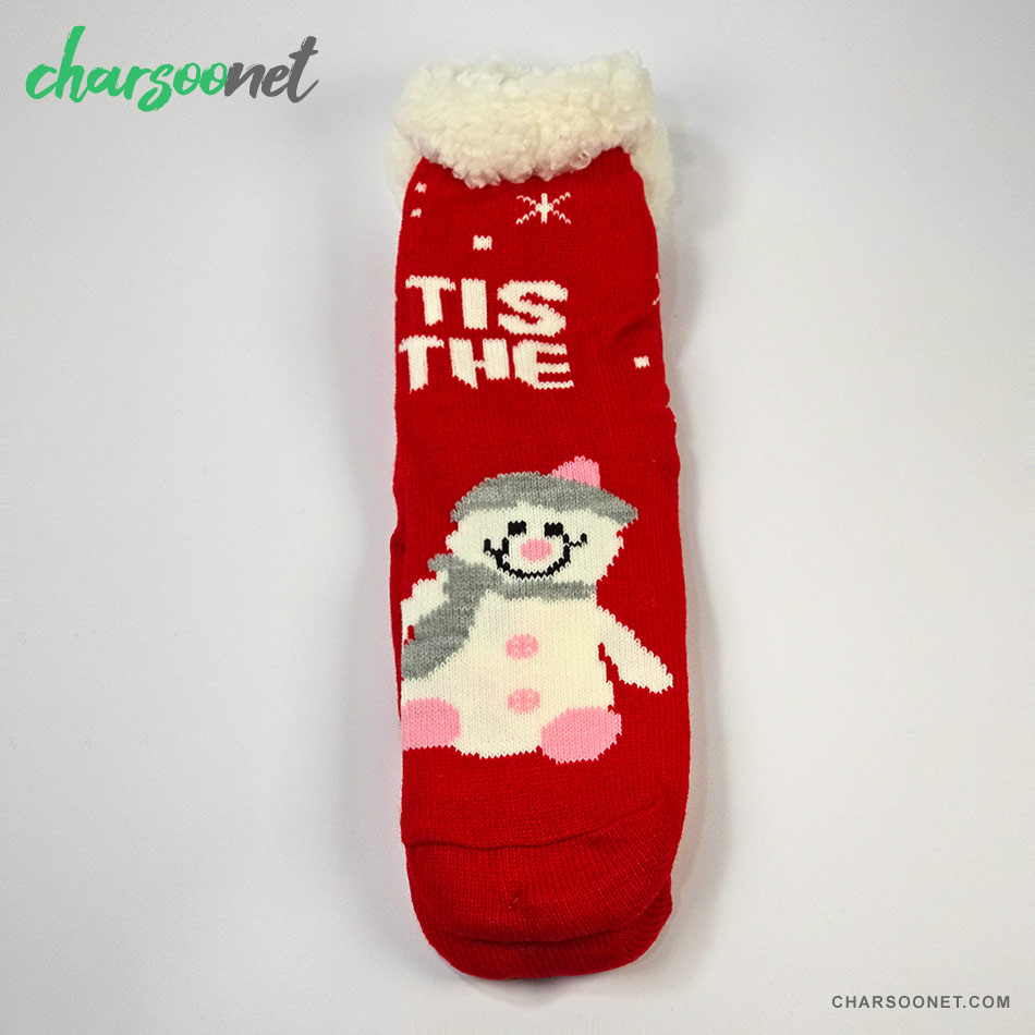 جوراب کریسمسی استپ دار خزدار فری سایز طرح آدم برفی