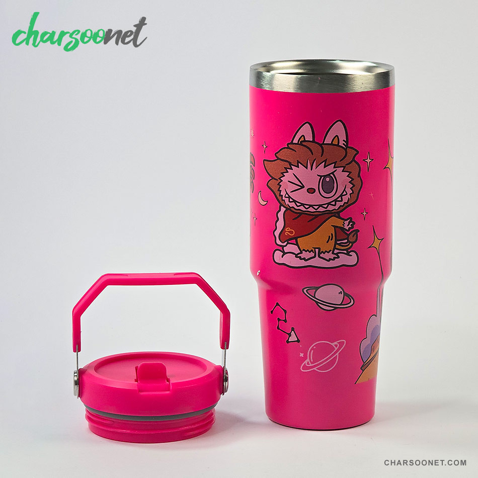 تراول ماگ استیل 900 میلی لیتری نی دار Stay Chill طرح لبوبو