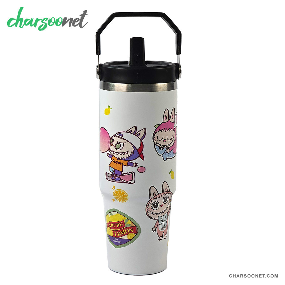 تراول ماگ استیل 900 میلی لیتری نی دار Stay Chill طرح لبوبو