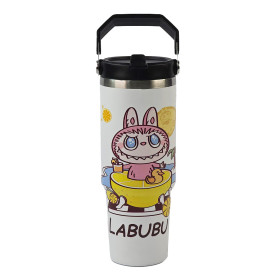 تراول ماگ استیل 900 میلی لیتری نی دار Stay Chill طرح لبوبو
