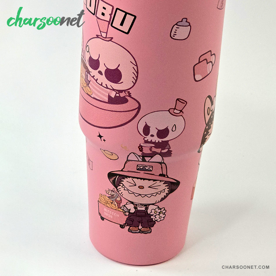 تراول ماگ استیل 900 میلی لیتری نی دار Stay Chill طرح لبوبو