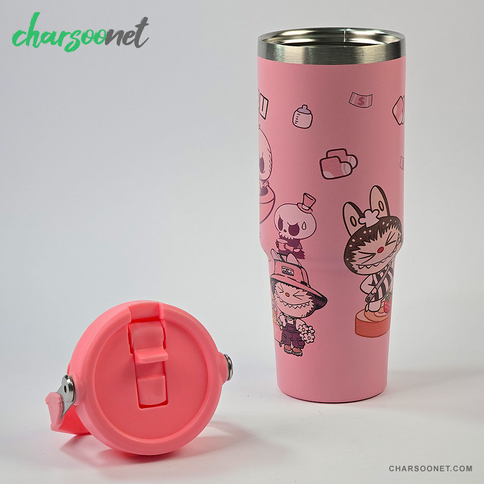 تراول ماگ استیل 900 میلی لیتری نی دار Stay Chill طرح لبوبو