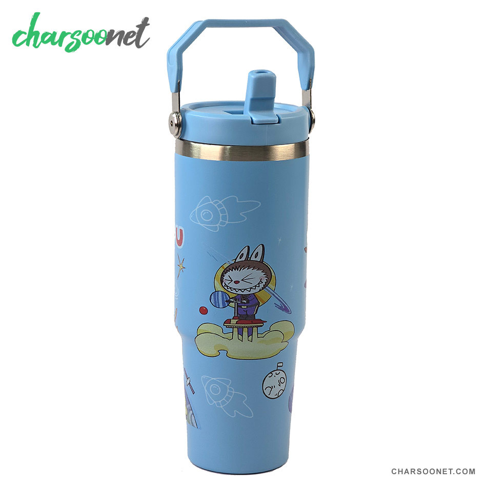 تراول ماگ استیل 900 میلی لیتری نی دار Stay Chill طرح لبوبو