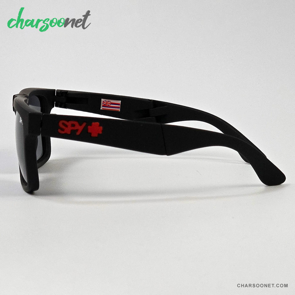 عینک تاشوی آفتابی اسپای پلاس SPY+ Fold فریم مشکی مات، لوگو قرمز و لنز Happy Grey