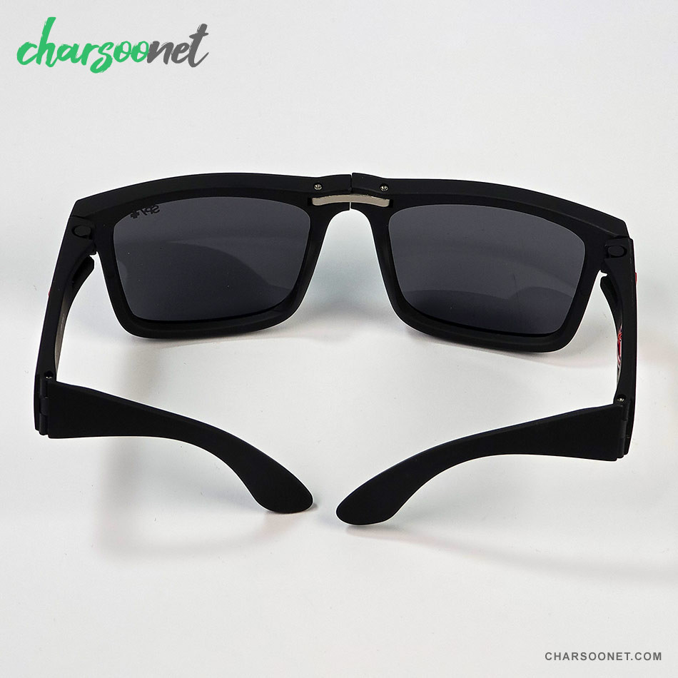 عینک تاشوی آفتابی اسپای پلاس SPY+ Fold فریم مشکی مات، لوگو قرمز و لنز Happy Grey