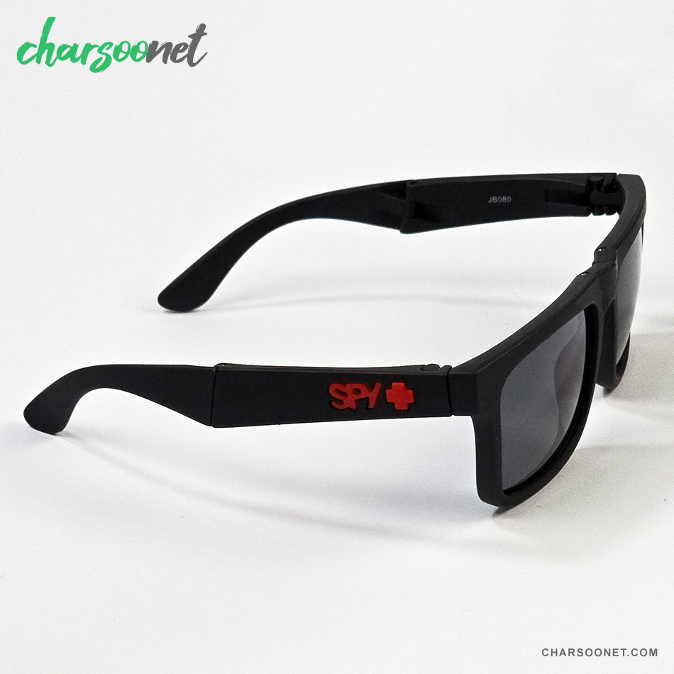 عینک تاشوی آفتابی اسپای پلاس SPY+ Fold فریم مشکی مات، لوگو قرمز و لنز Happy Grey