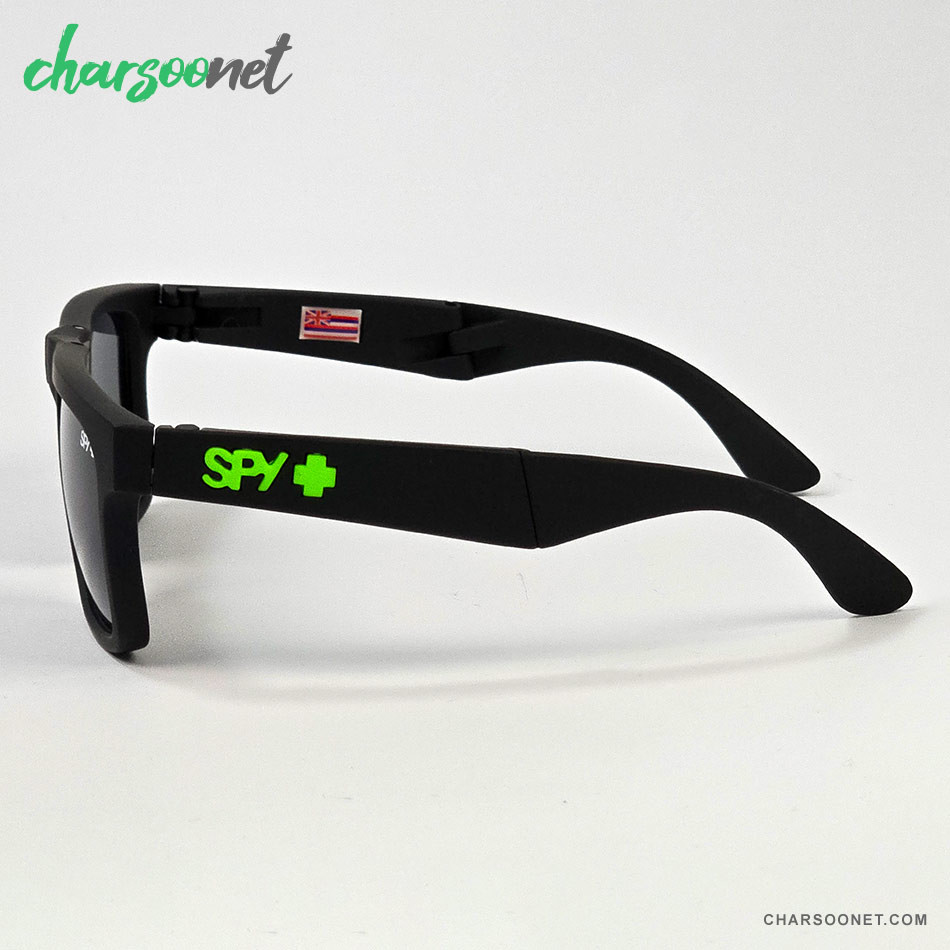 عینک تاشوی آفتابی اسپای پلاس SPY+ Fold فریم مشکی مات، لوگو سبز و لنز Happy Grey