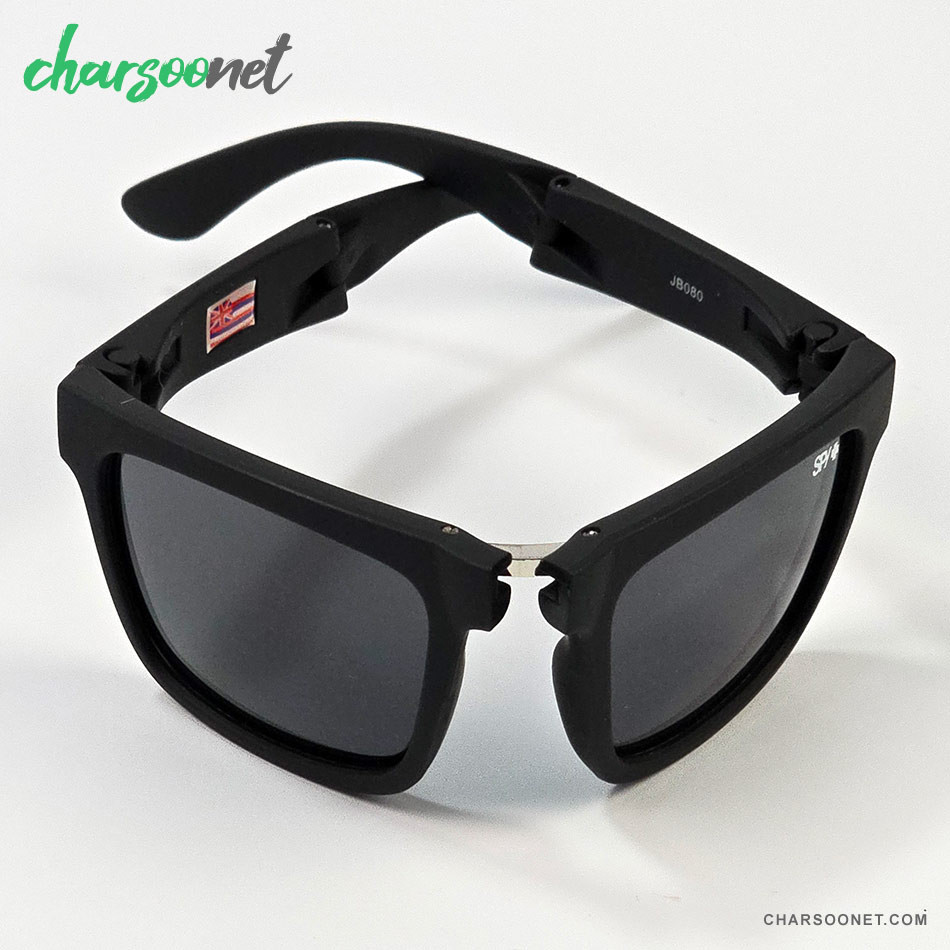 عینک تاشوی آفتابی اسپای پلاس SPY+ Fold فریم مشکی مات، لوگو سبز و لنز Happy Grey