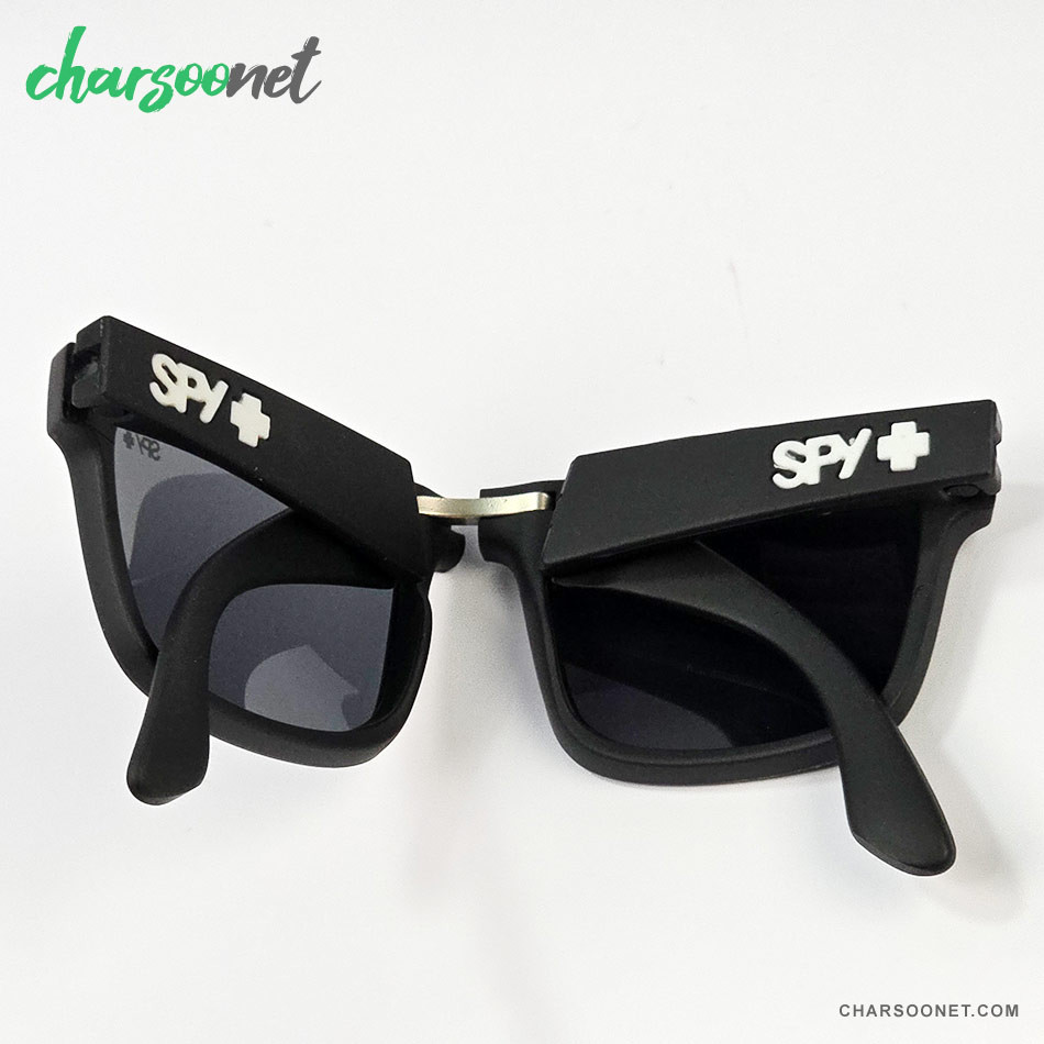 عینک تاشوی آفتابی اسپای پلاس SPY+ Fold فریم مشکی مات، لوگو سفید و لنز Happy Grey