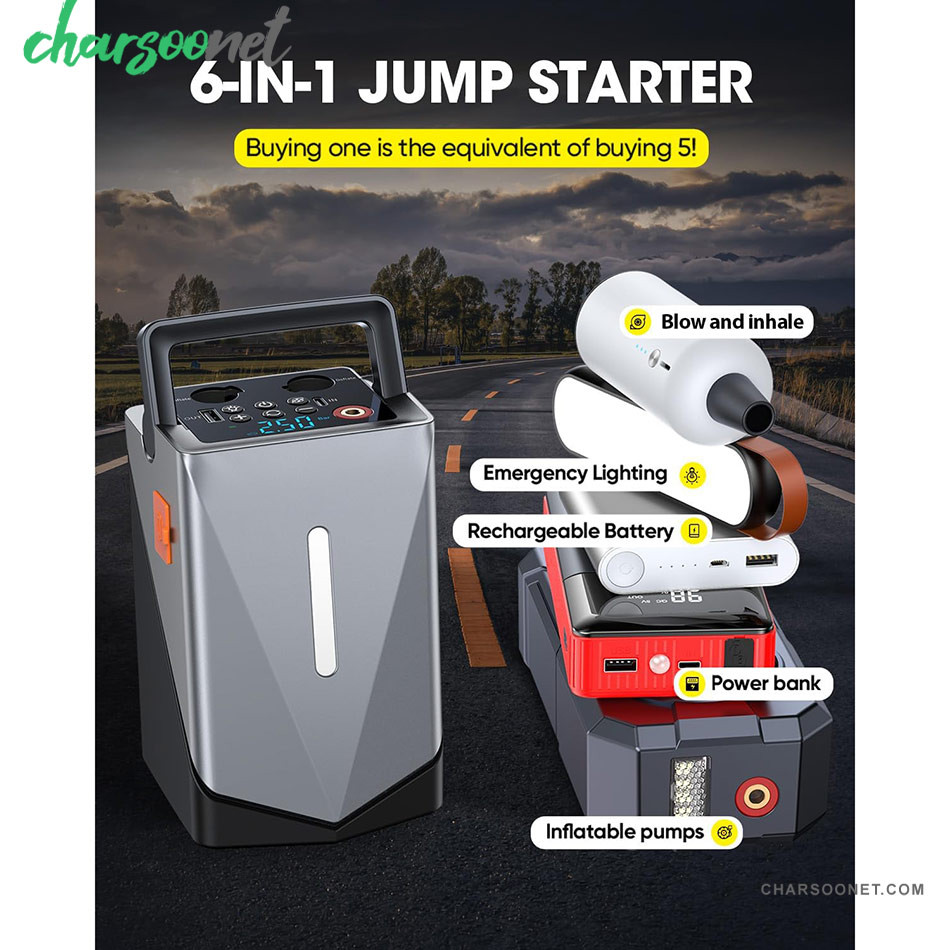 جامپ استارتر خودرو با پمپ باد و بلوئر مدل GF-01 چندکاره پرتابل